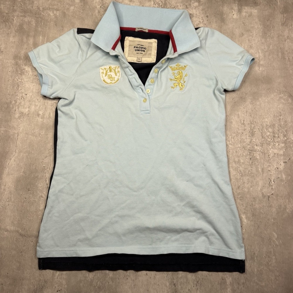 Vintage Pacific Union Stretch Polo Y2K Embroidered Crest Women’s Large Blue